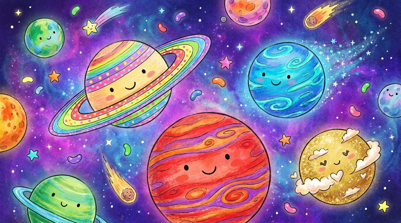 Colorful planets including Saturn, Jupiter, Neptune and Venus floating in space