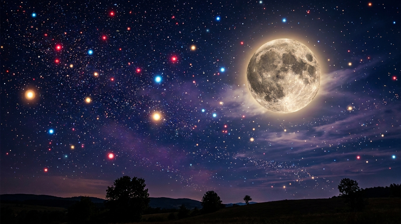 A magical sky full of twinkling stars and a glowing full moon